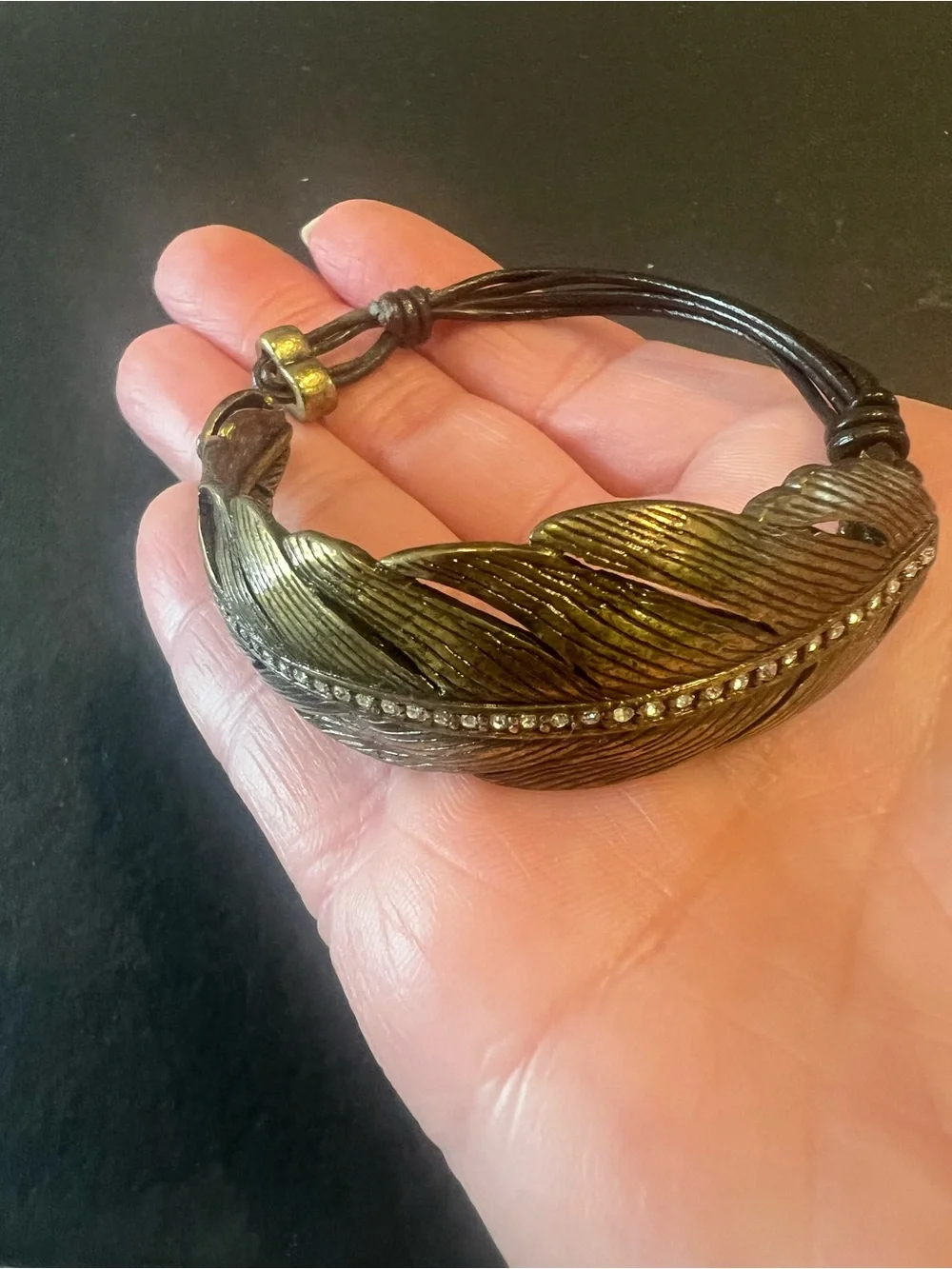 Fossil Bronze Feather Bracelet with Rhinestone Accent
